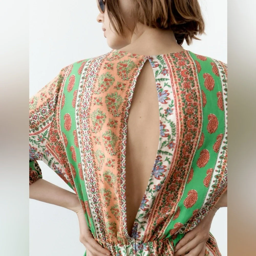 Zara Short‎ Printed V-Neck Linen Blend Back Slit Jumper Floral Vacation